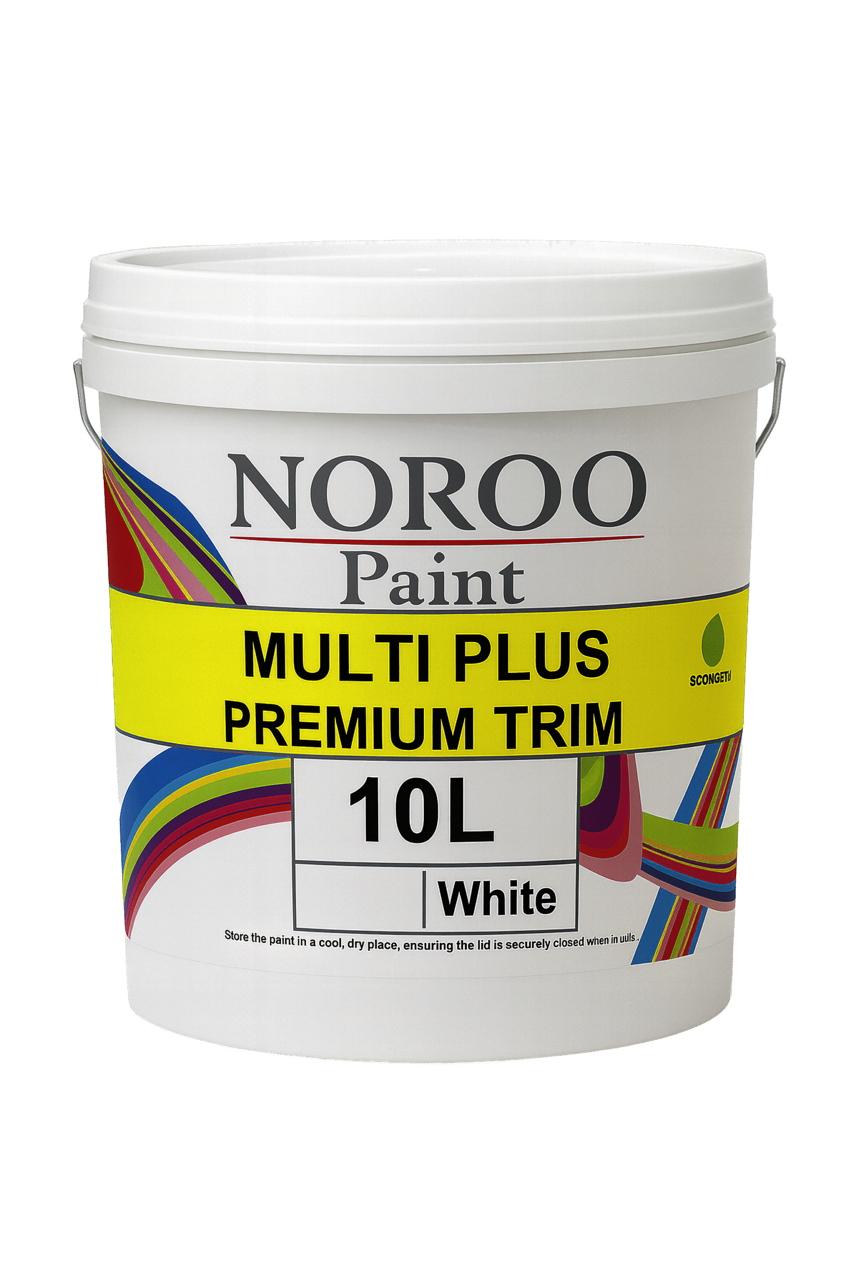 White bucket labeled Noroo MULTI-PLUS Semi-Gloss Trim Paint, ideal for interior trims, skirting, doors, and frames.